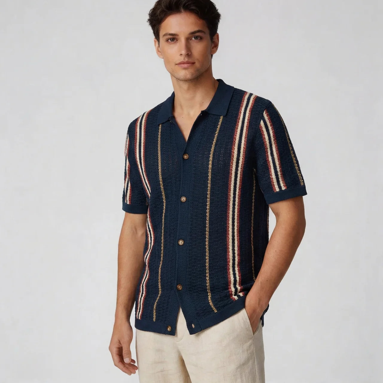 Men’s Striped Knit Button Up Shirt Fit