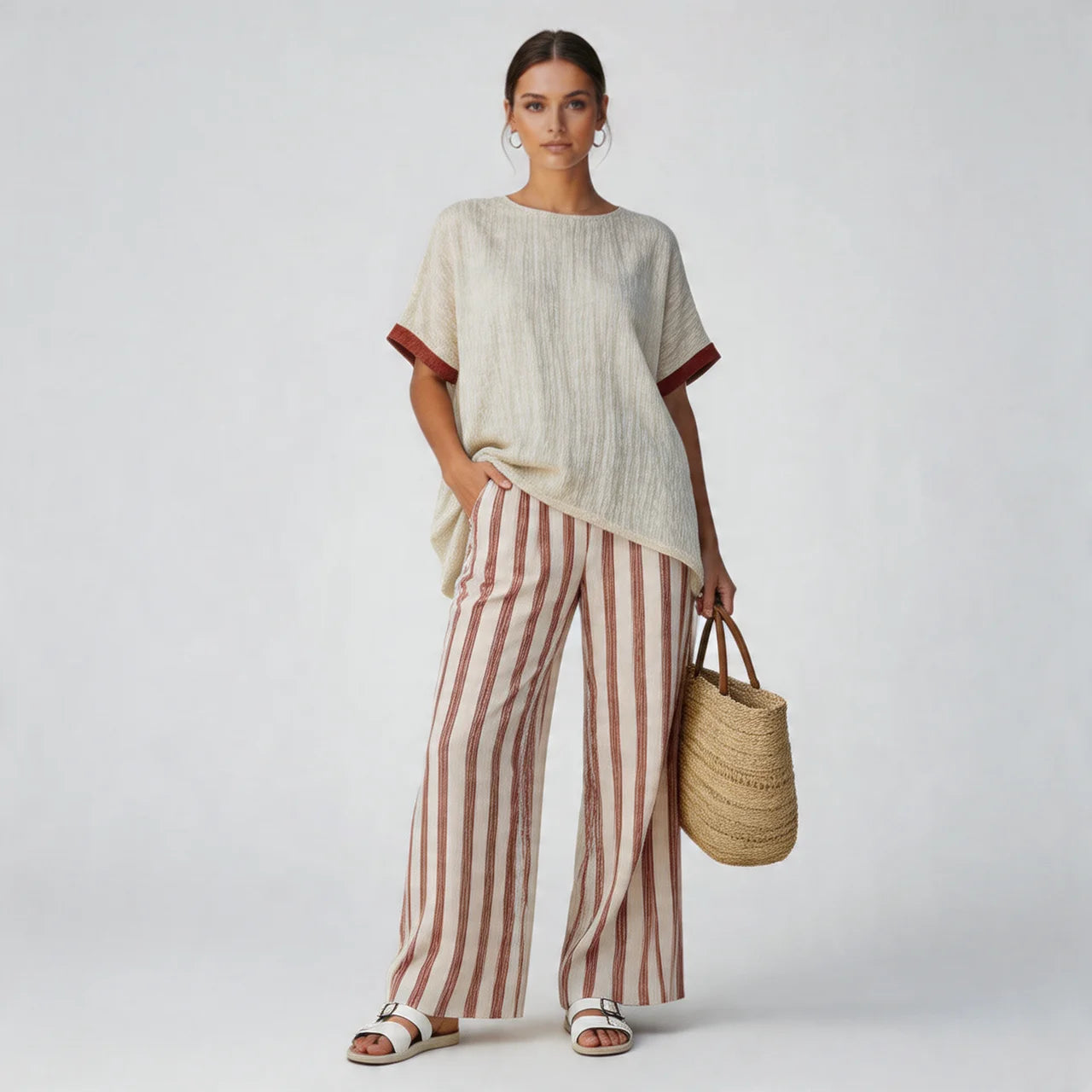 Women’s Striped Poncho Top and Linen Pants Set