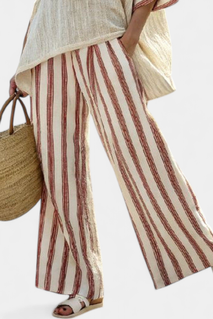 Women’s Striped Poncho Top and Linen Pants Set