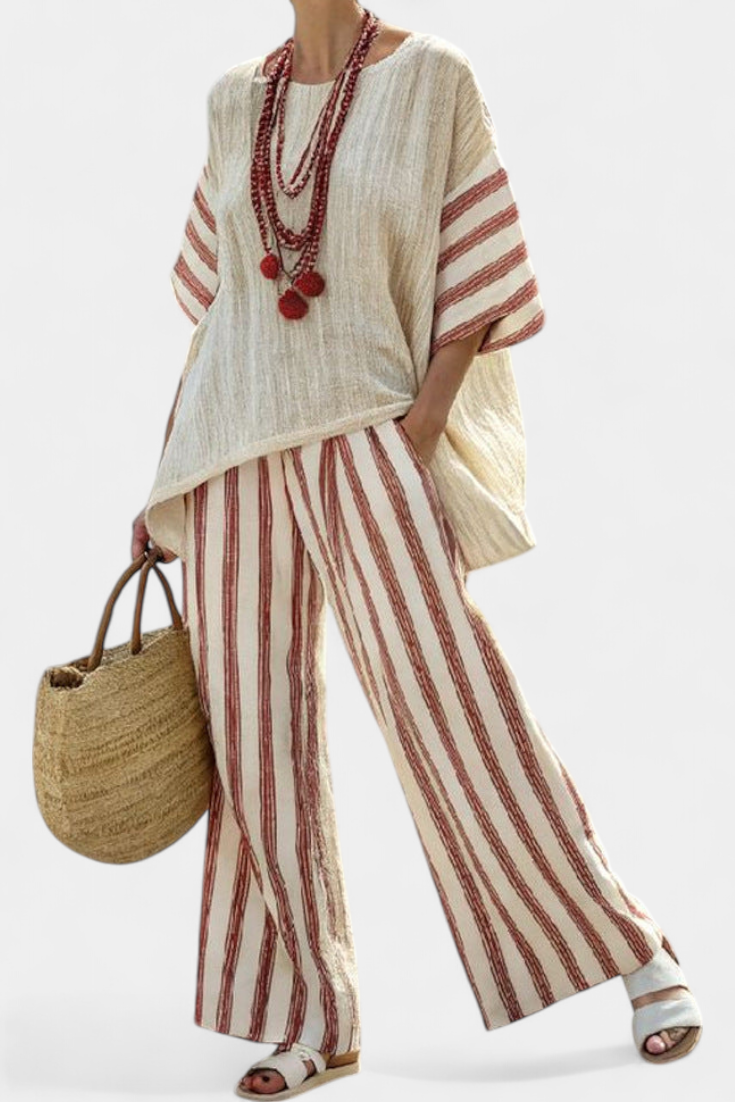 Women’s Striped Poncho Top and Linen Pants Set