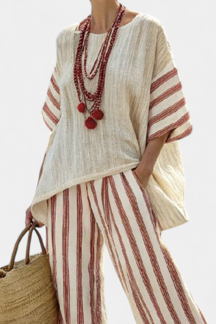 Women’s Striped Poncho Top and Linen Pants Set