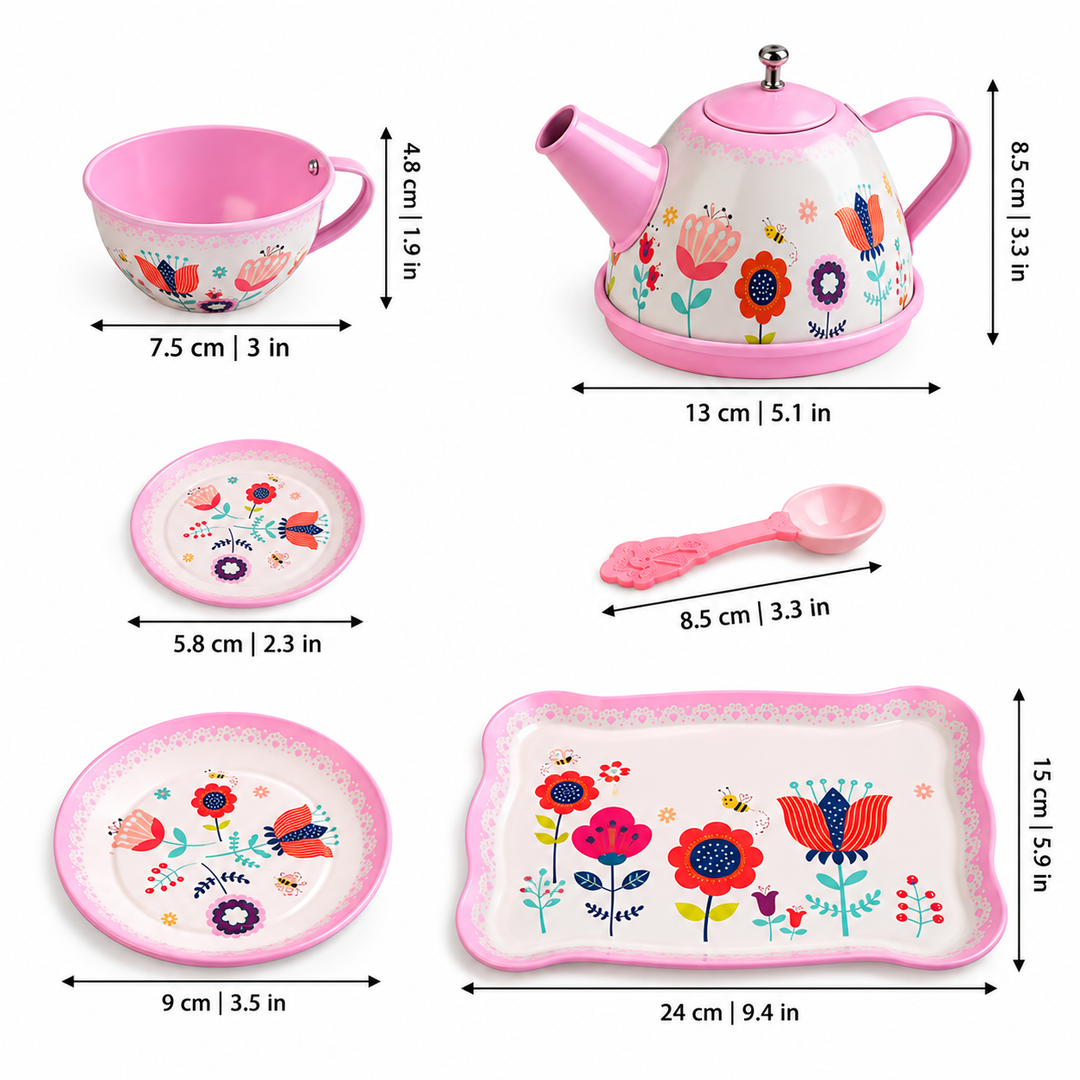 Dimension guide showing measurements for the tea set components in cm and inches