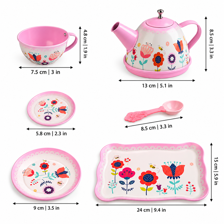 Dimension guide showing measurements for the tea set components in cm and inches