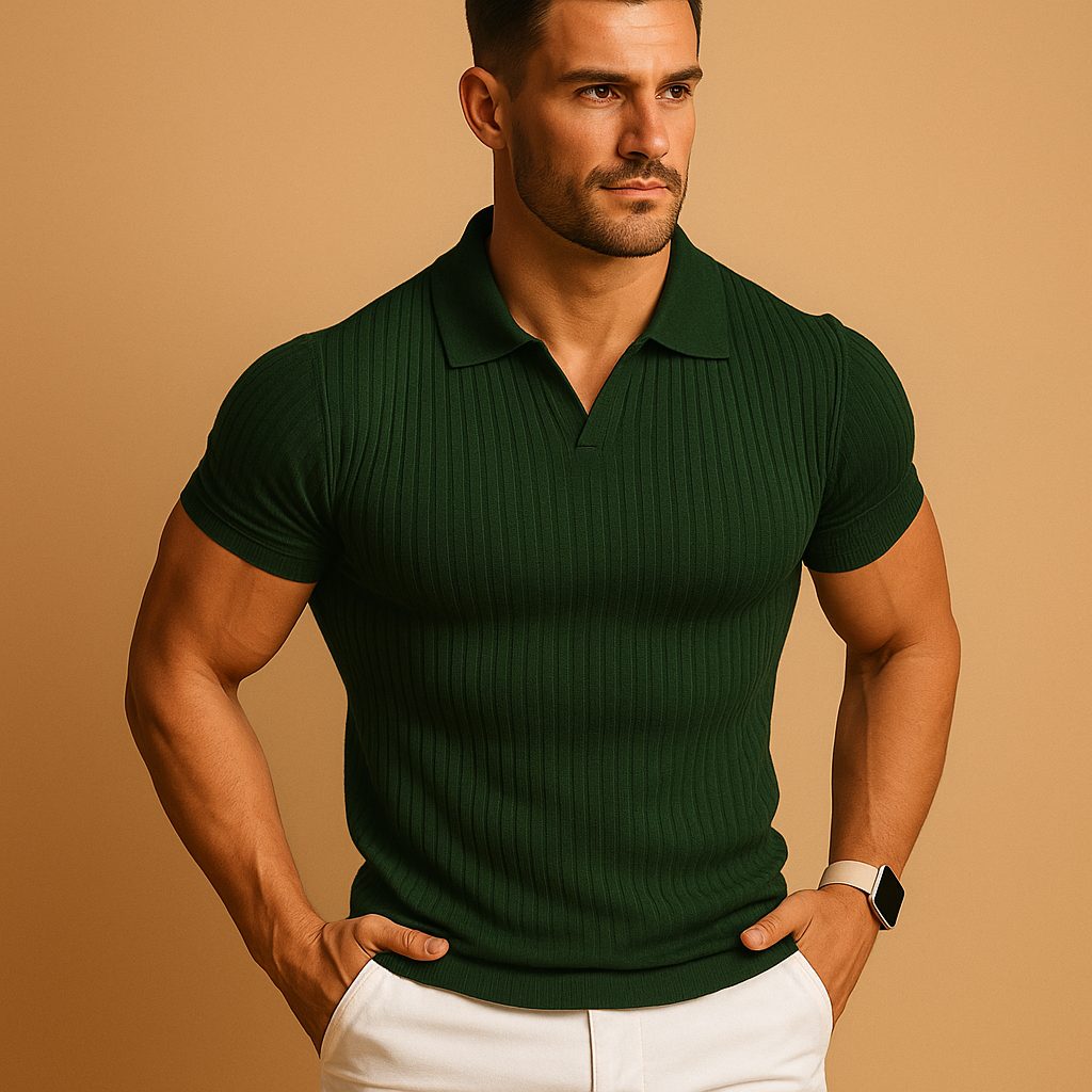 Man wearing a green slim-fit ribbed polo shirt