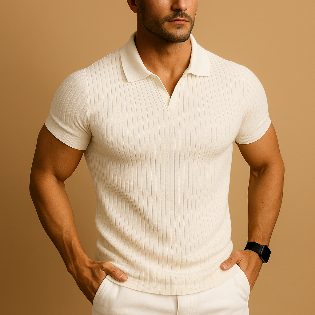 Man wearing a white slim-fit ribbed polo shirt with short sleeves