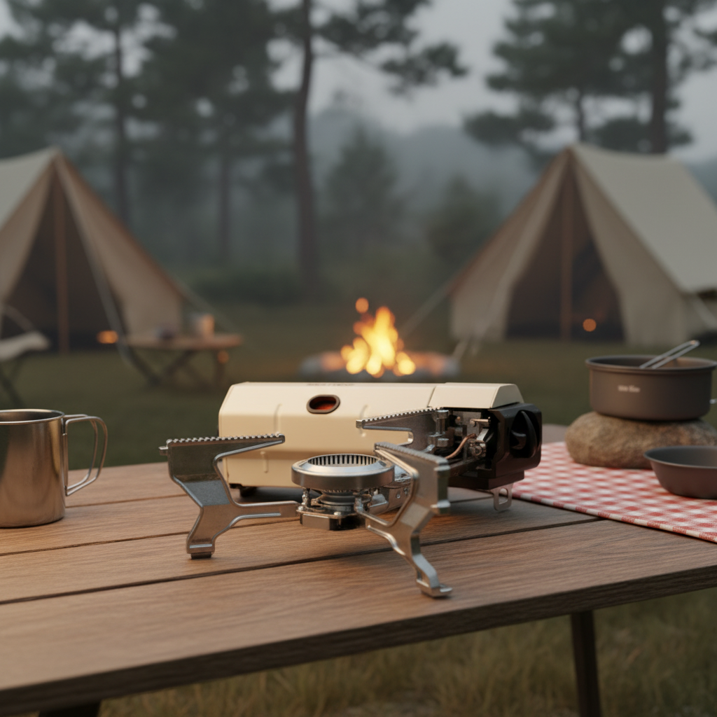 Portable folding gas stove set up on a wooden table at a campsite with tents in the background
