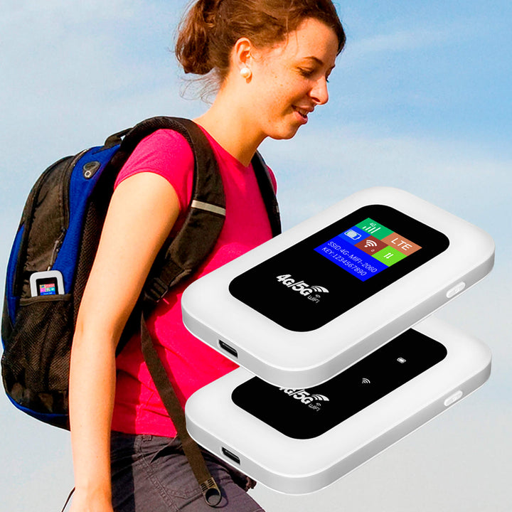 Woman holding a white portable 5G WiFi hotspot router outdoors with a backpack