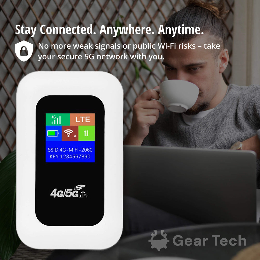 Man using a laptop and drinking coffee near a portable 5G WiFi hotspot router