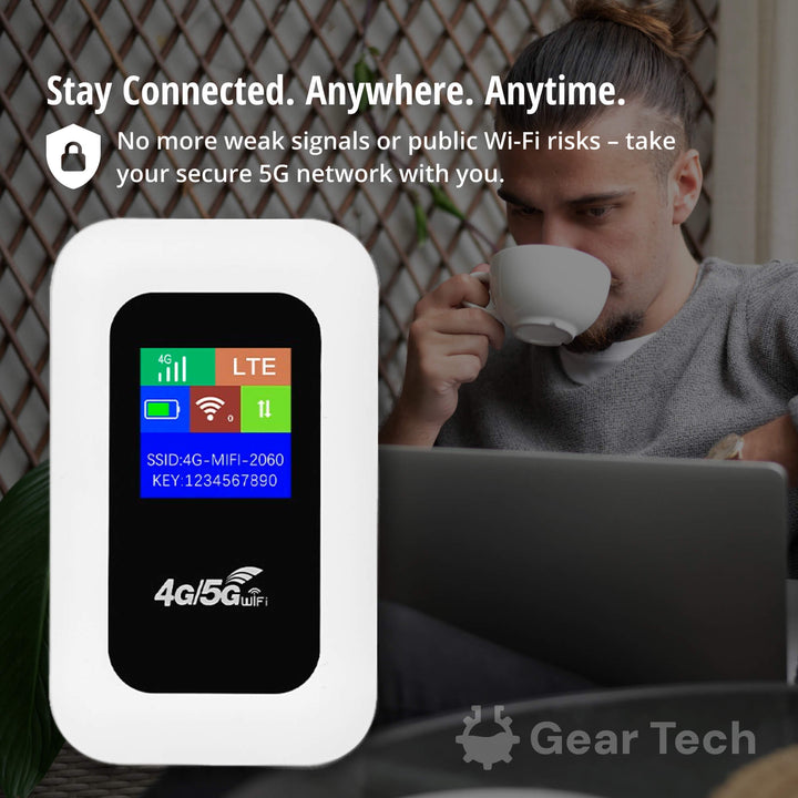 Man using a laptop and drinking coffee near a portable 5G WiFi hotspot router