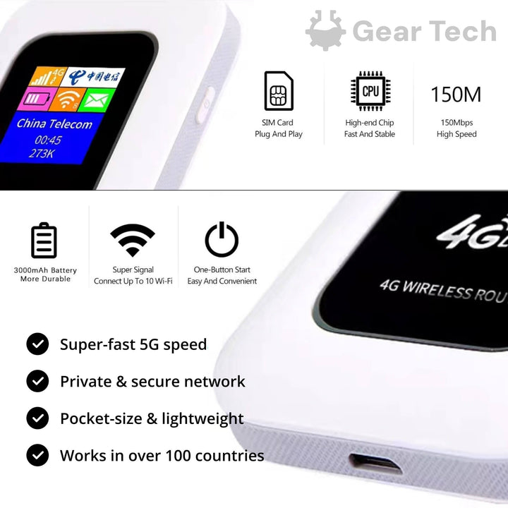 Close-up view of the portable 5G WiFi hotspot router showing its LED screen and specs