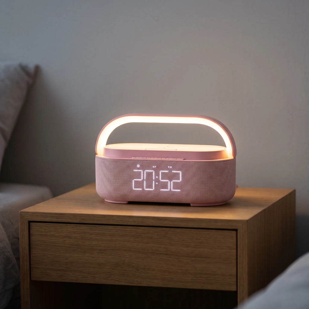 Pink portable bedside Bluetooth speaker with glowing light on a wooden nightstand