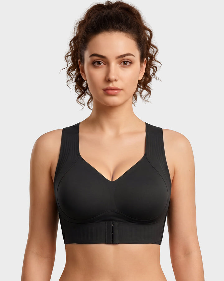 Side profile of womens posture support bra showing alignment design