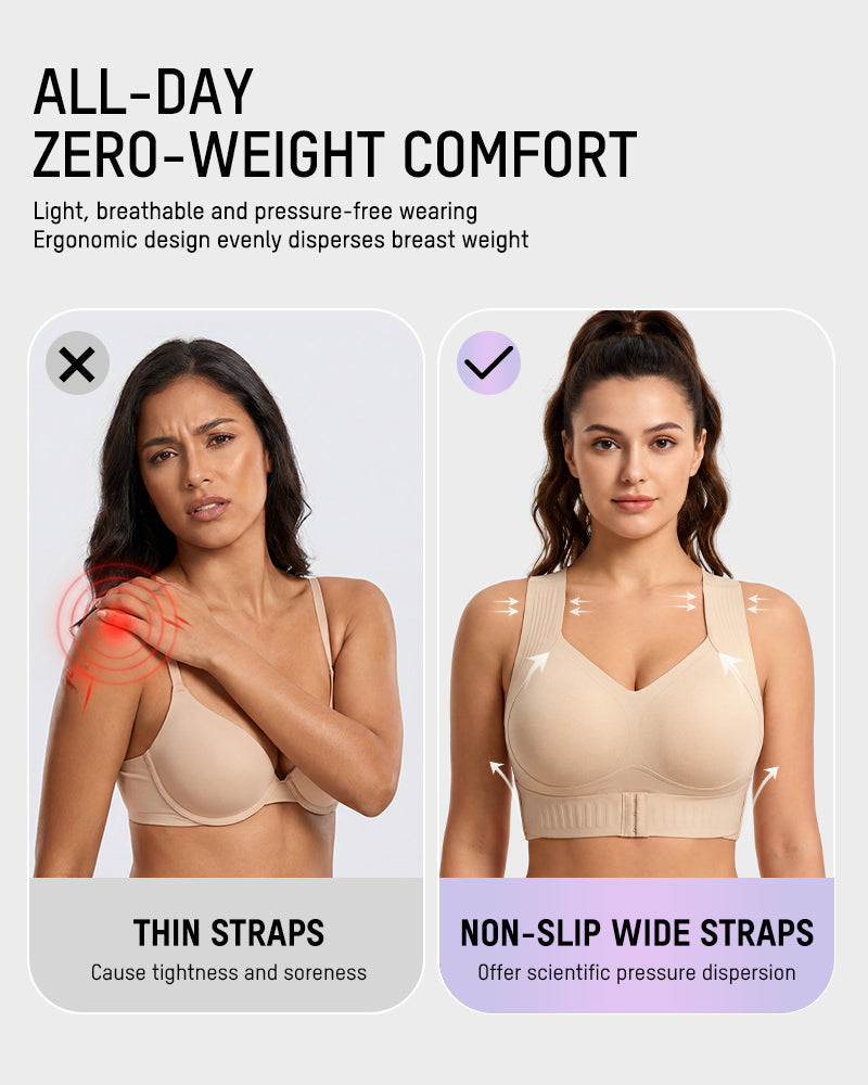 Close up of posture support wireless bra band and secure closure