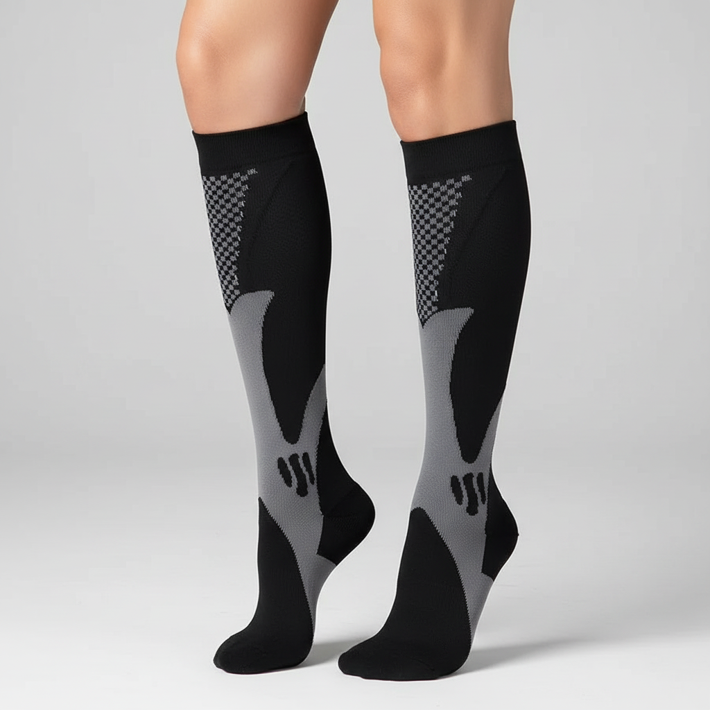 Model wearing black and grey compression socks against a neutral background
