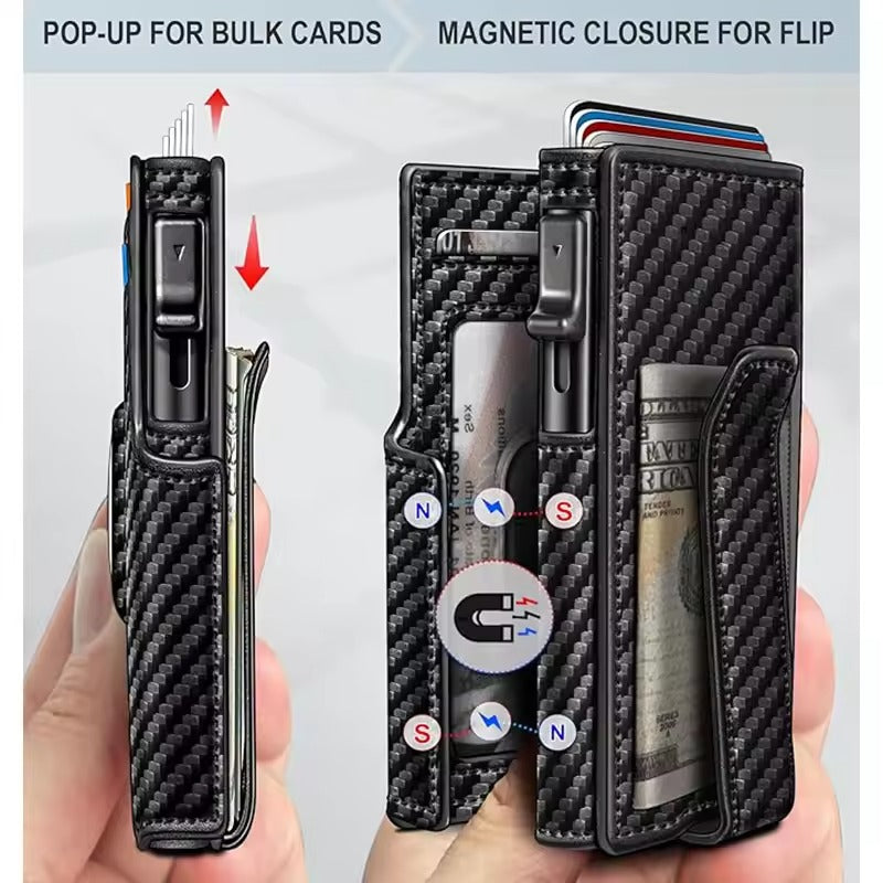 Open smart wallet for men displaying multiple card slots and cash pocket