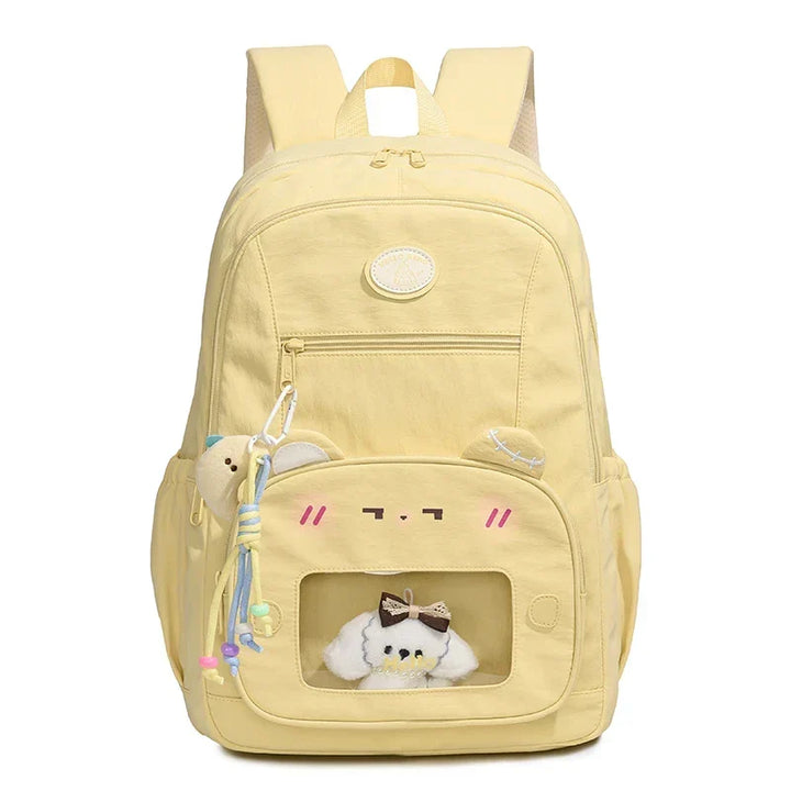 Model wearing the transparent pocket daypack as a stylish everyday school and travel bag