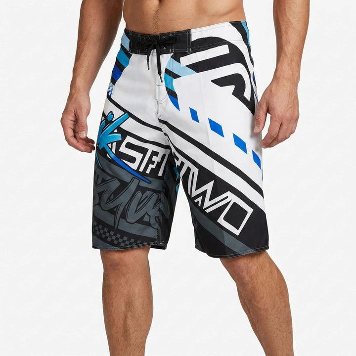 Full view of men's printed swim shorts with geometric pattern