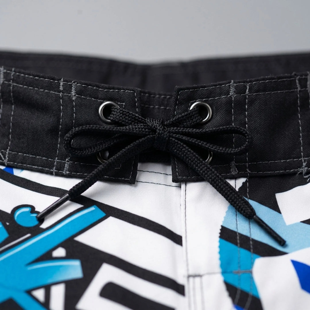 Detailed view of the drawstring waistband on swim shorts