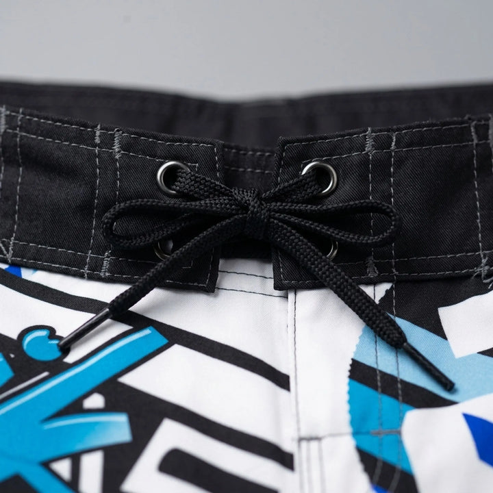 Detailed view of the drawstring waistband on swim shorts