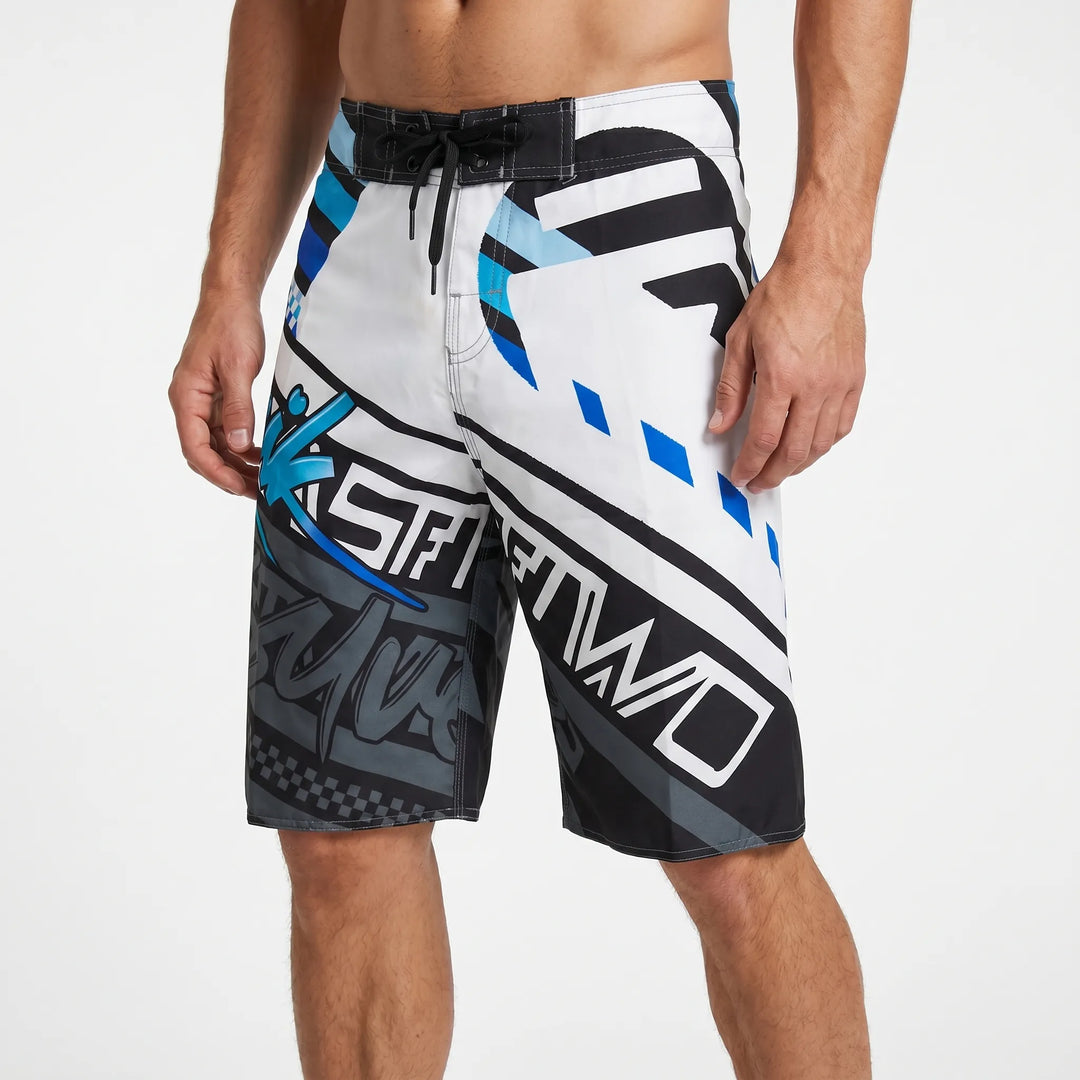 Mens printed swim shorts showcasing elastic waistband and adjustable drawstring details