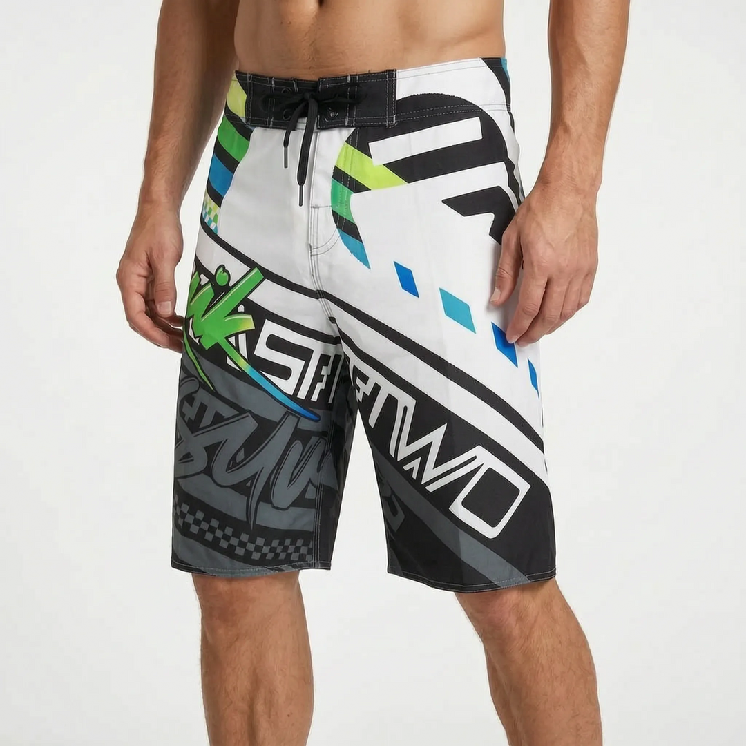 Close-up view of quick dry mens swimwear fabric featuring vibrant summer pattern