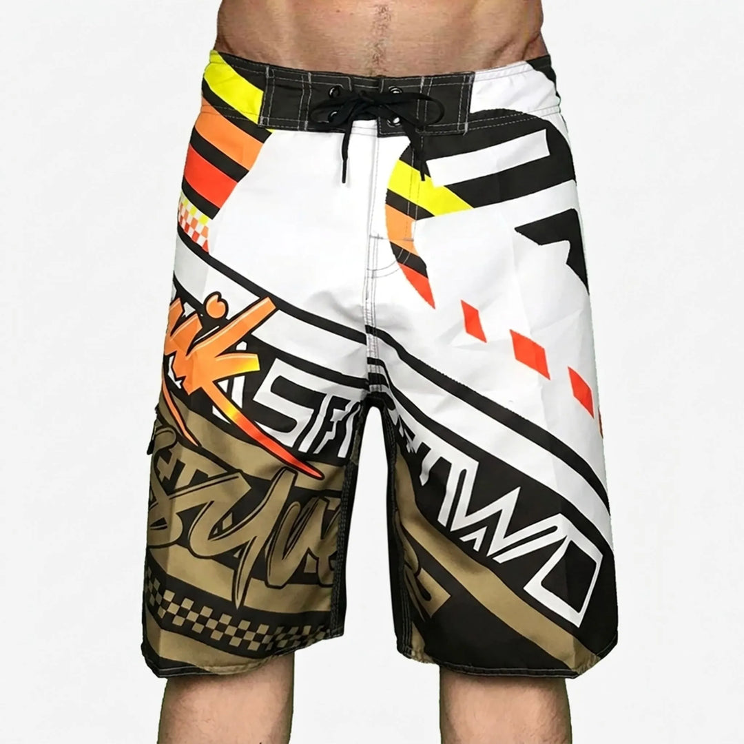 Back view of mens board shorts with secure pocket and drainage eyelets