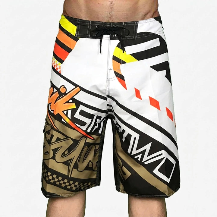 Back view of mens board shorts with secure pocket and drainage eyelets