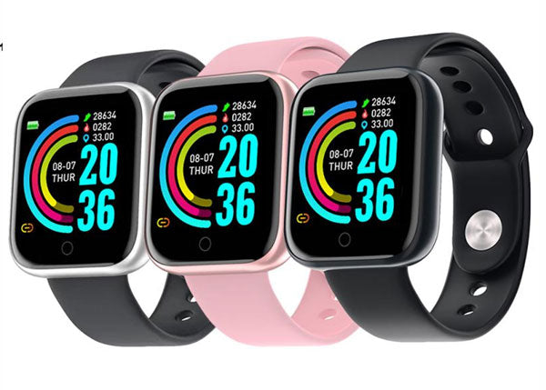 Three smartwatch variants in silver, pink, and black arranged in a row displaying activity data.