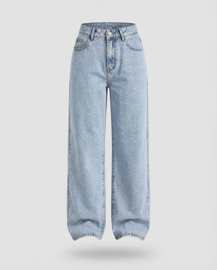 Light blue vintage wash wide-leg flared jeans front view on neutral background