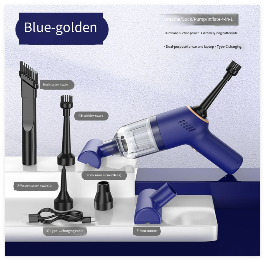 Blue cordless handheld vacuum cleaner with multiple attachments and accessories displayed