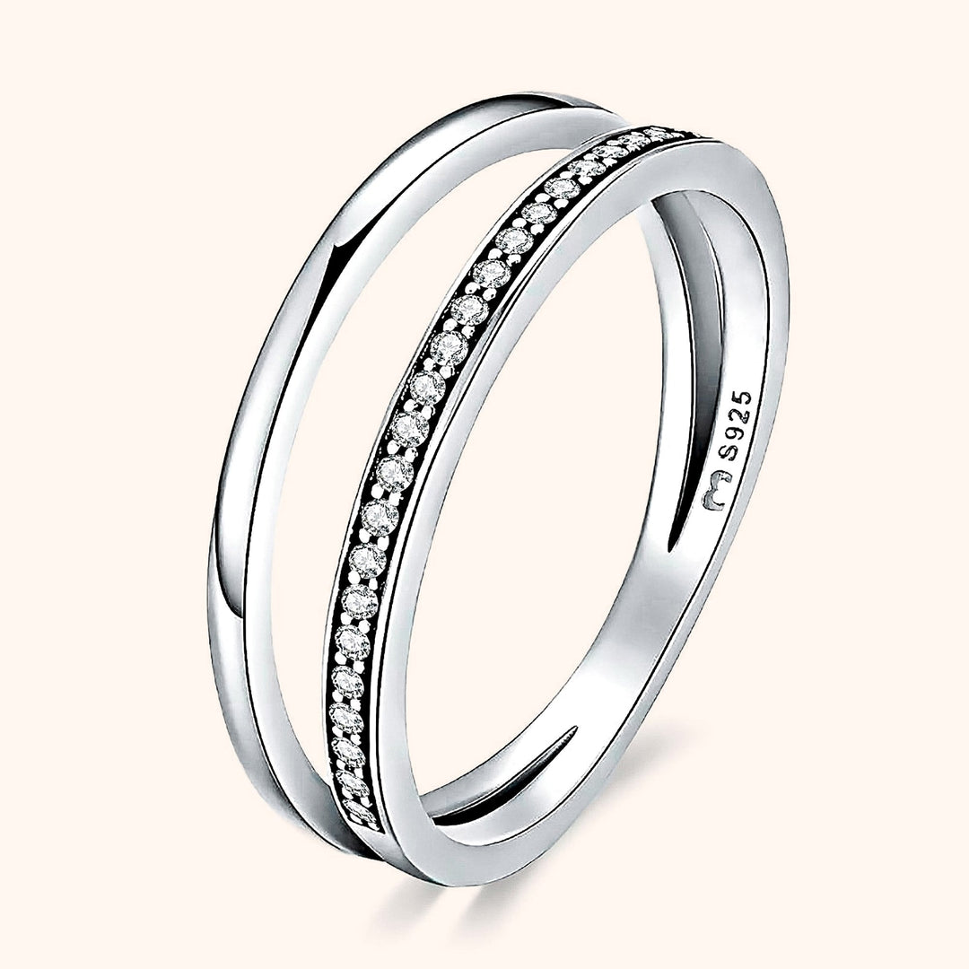 Stylish stackable gold ring with dual bands and shimmering zirconia accents