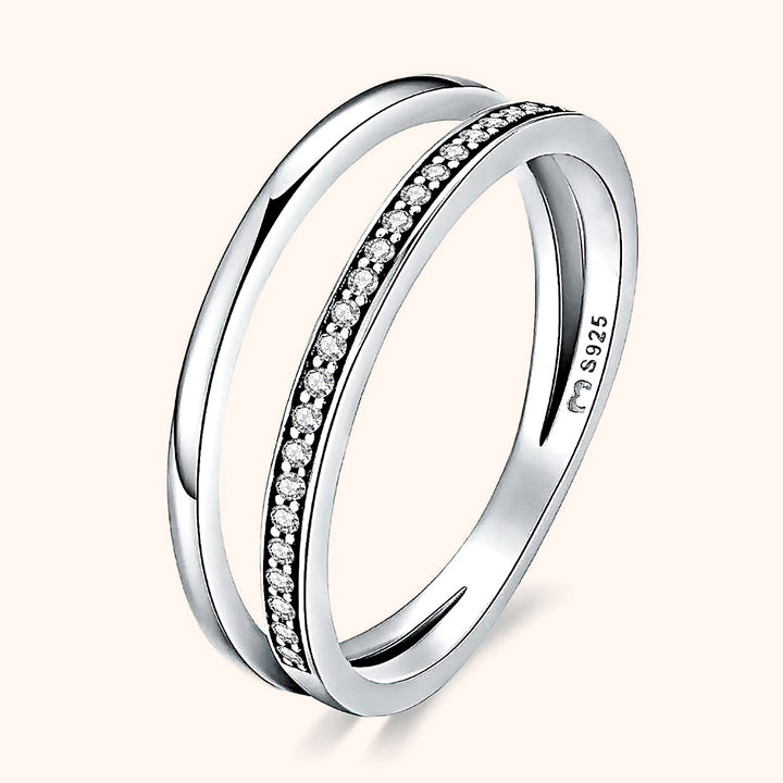 Stylish stackable gold ring with dual bands and shimmering zirconia accents