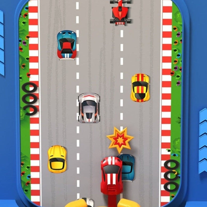 Red and blue kids interactive racing toy showing side angle and buttons