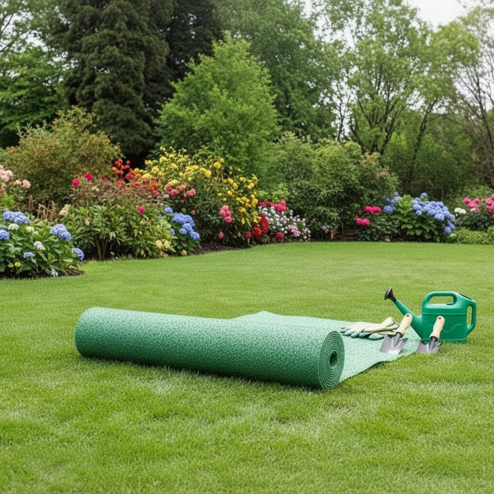 Freshly rolled grass turf mat on a manicured lawn with gardening tools