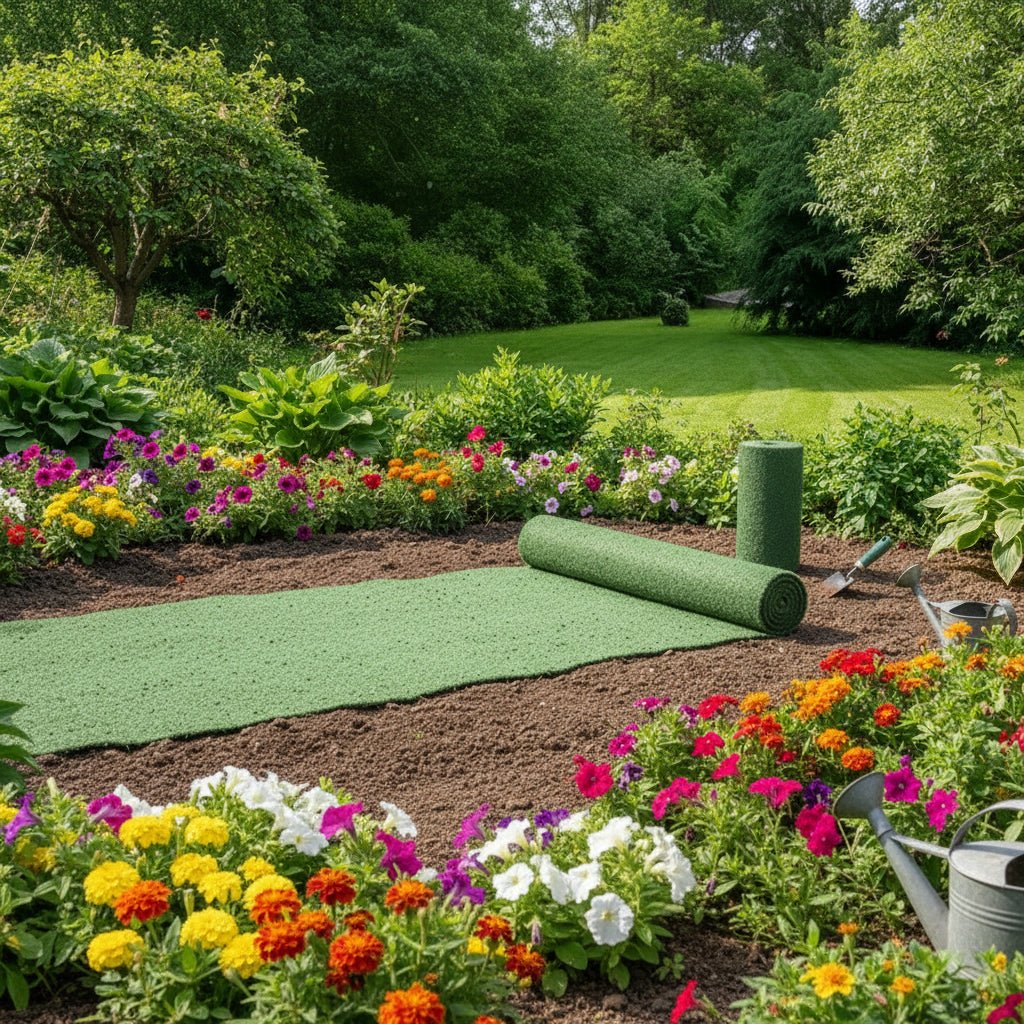 Rolling out grass turf mat in a lush green garden with colorful flowers