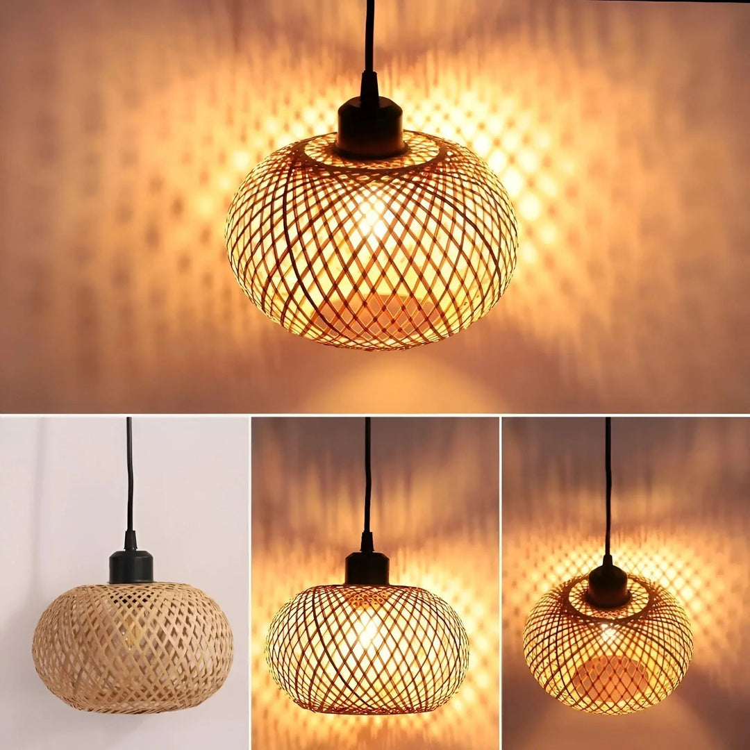 Boho woven rattan pendant lamp illuminating a cozy living room space