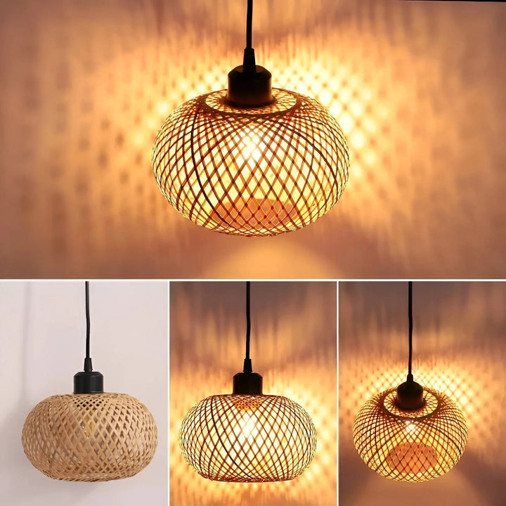 Boho woven rattan pendant lamp illuminating a cozy living room space