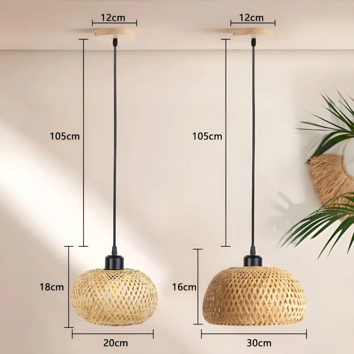 Minimalist rattan hanging light casting warm shadows on the wall