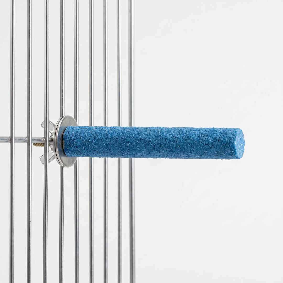 Blue rough bird perch mounted securely to metal cage wire with screw and wing nut