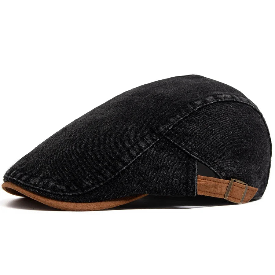 Men's Black Denim Flat Cap Side Profile Showing Adjustable Strap