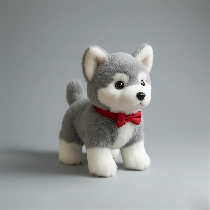 Grey robotic puppy toy wearing a red bow tie