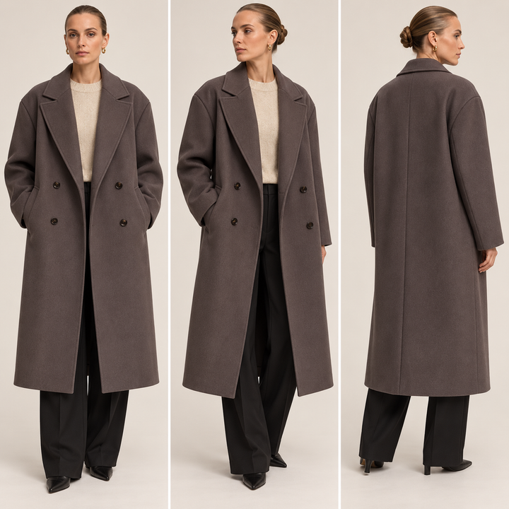 Full length shot of womens oversized long coat styled for casual wear
