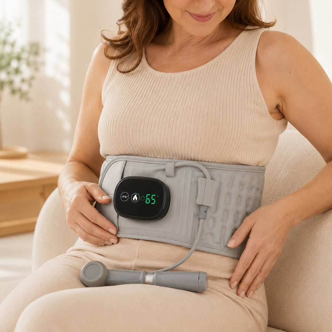 Woman sitting comfortably wearing the grey red light therapy lumbar belt