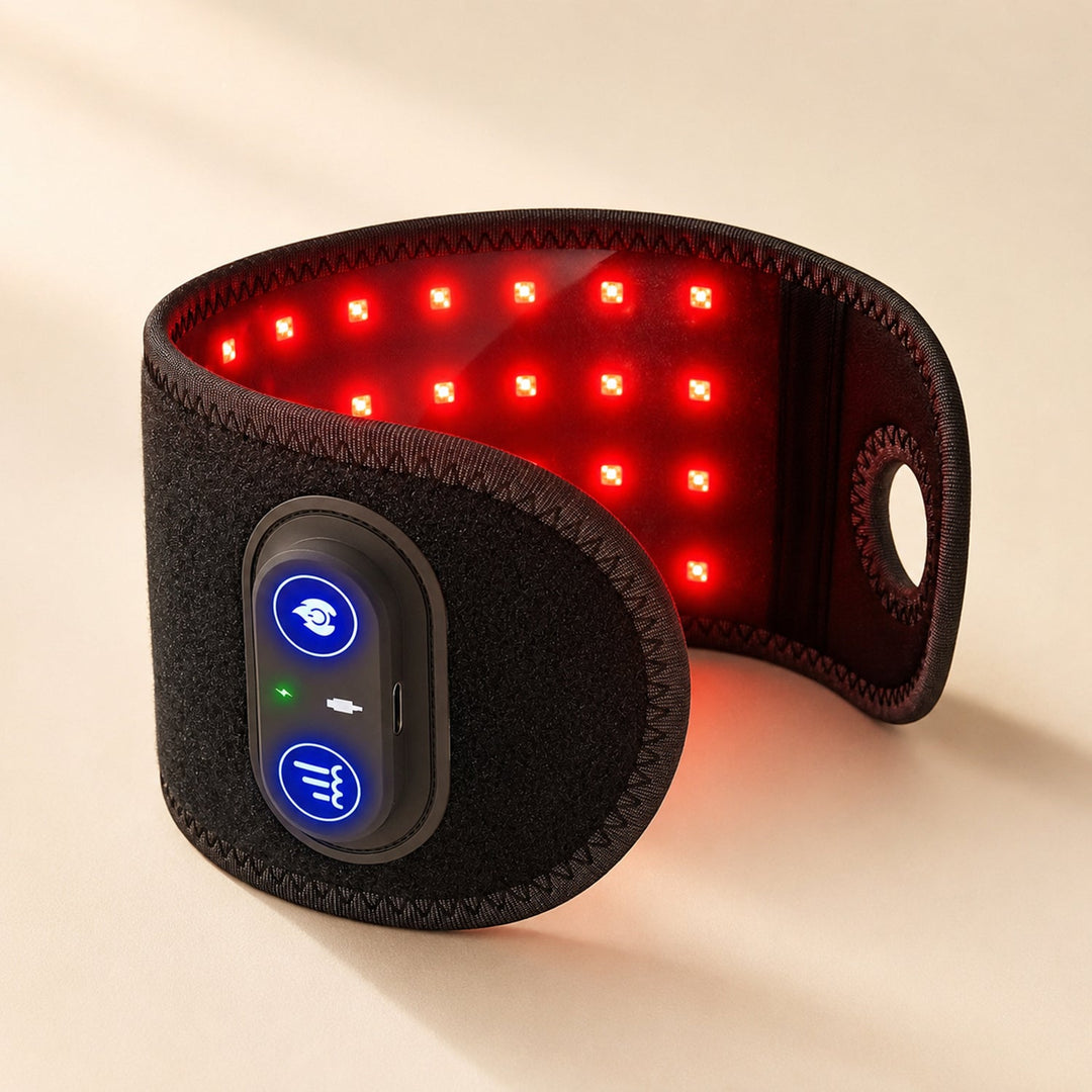 Unisex red light therapy wrist wrap showing rechargeable heat settings for joint pain relief