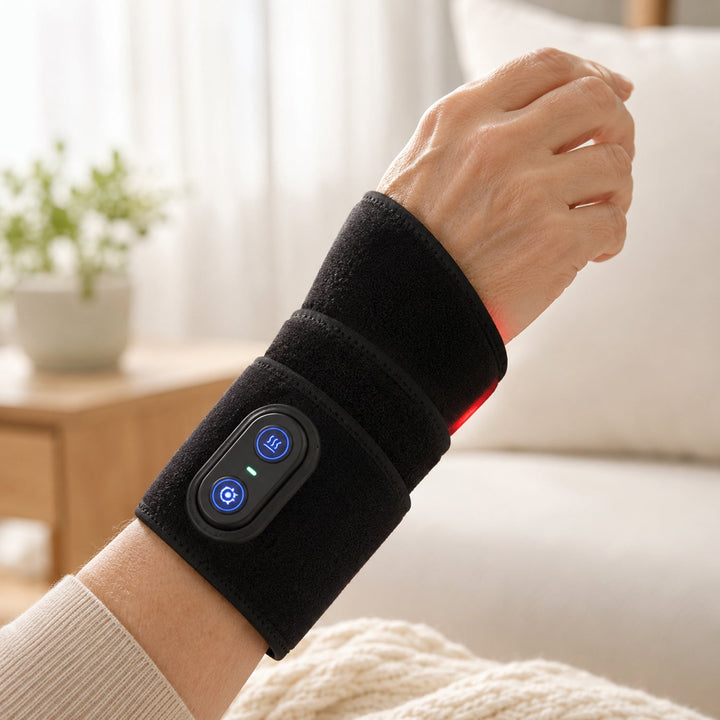 Close-up view of the adjustable wrist wrap secured on a user's arm