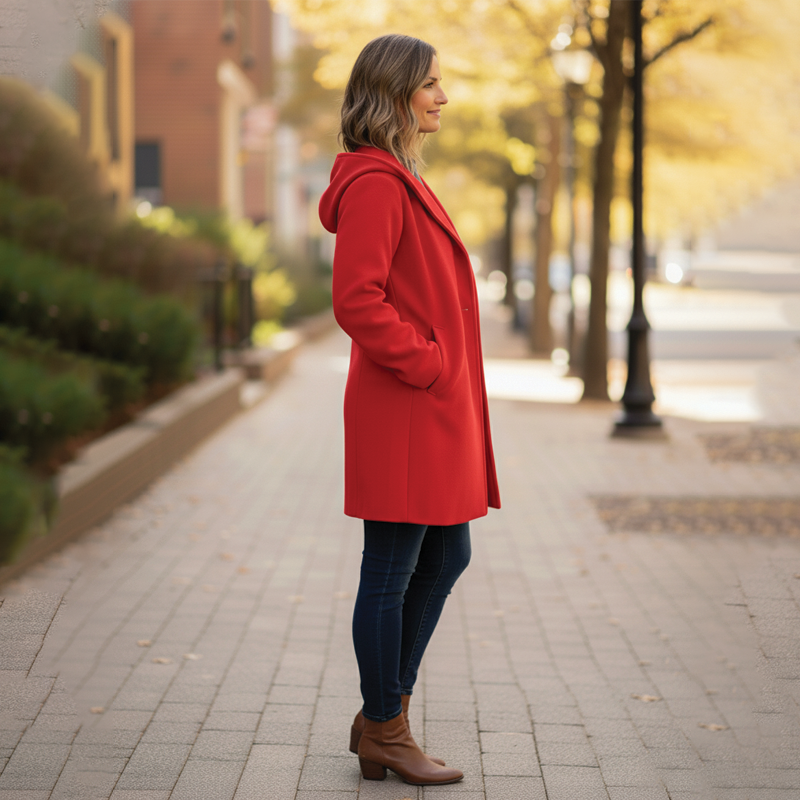 Women's cozy oversized hooded coat featuring deep front pockets and warm fabric.