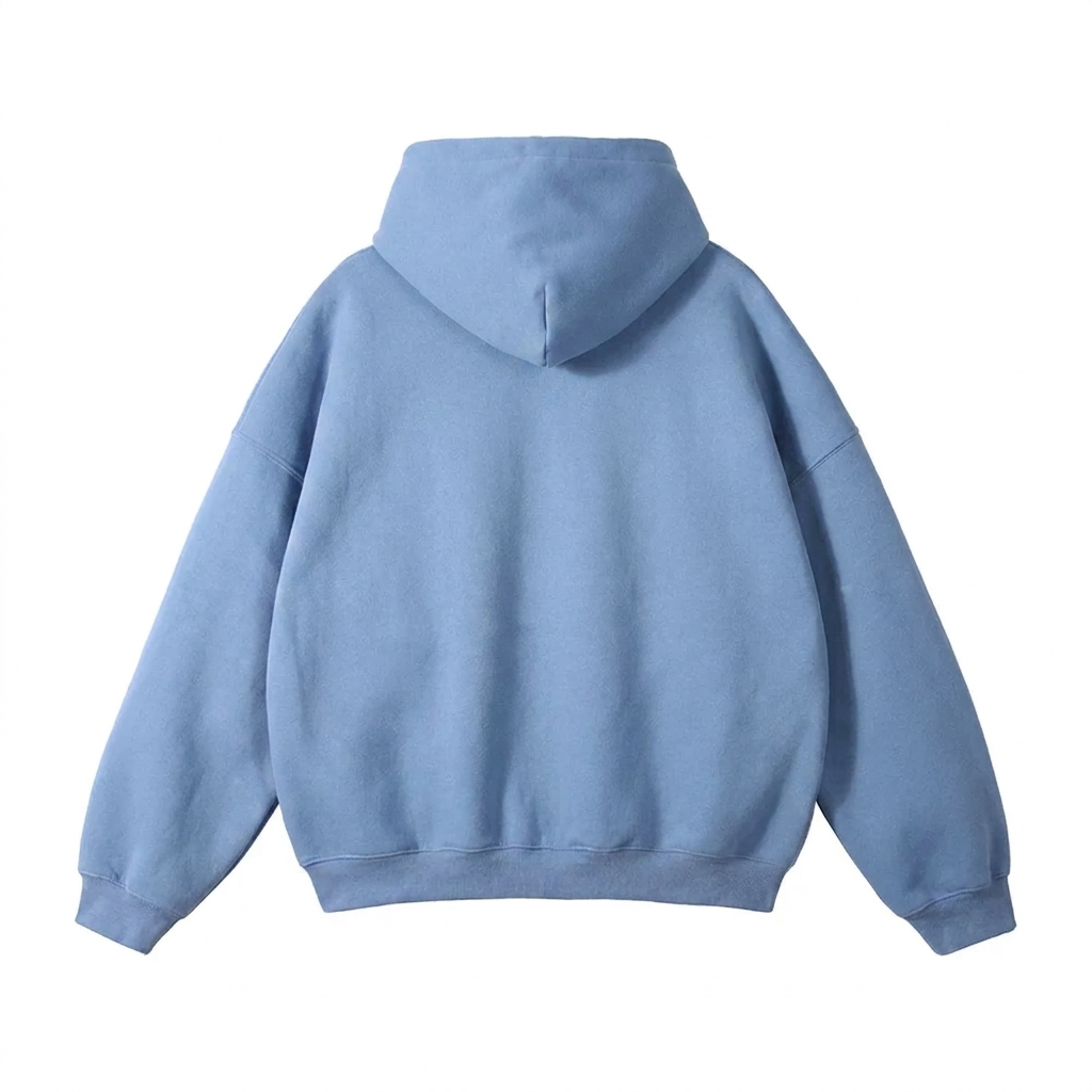 Back view of light blue men's pullover hoodie