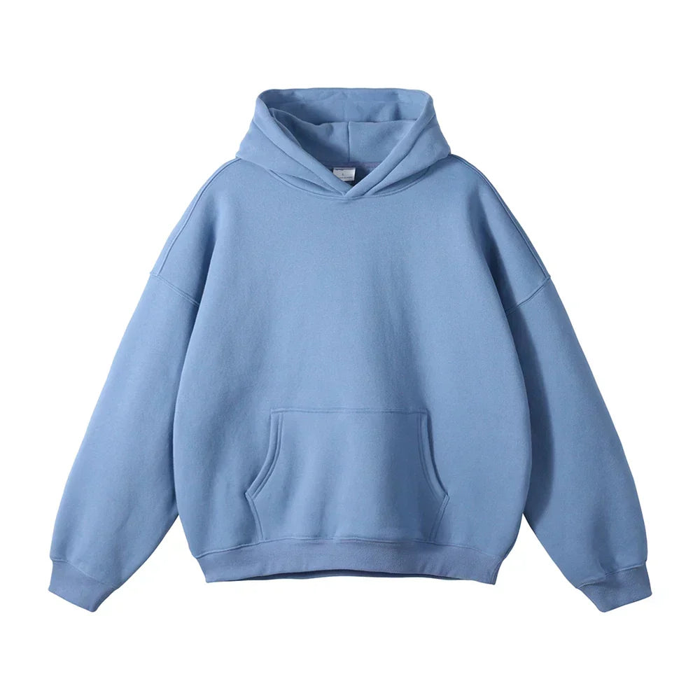 Light blue men's relaxed pullover hoodie with front kangaroo pocket