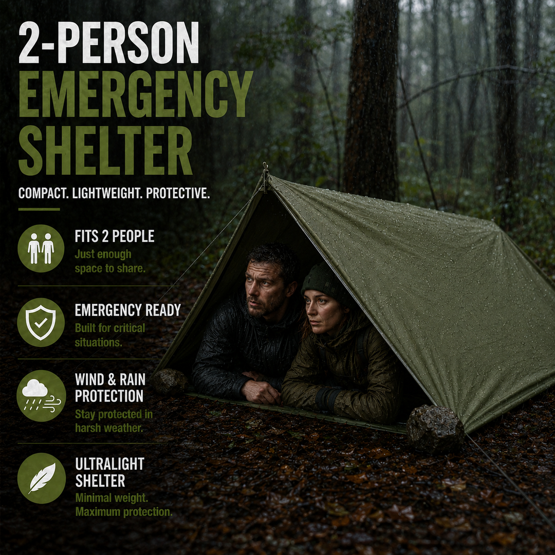 Promotional image for 2-person emergency shelter with feature highlights