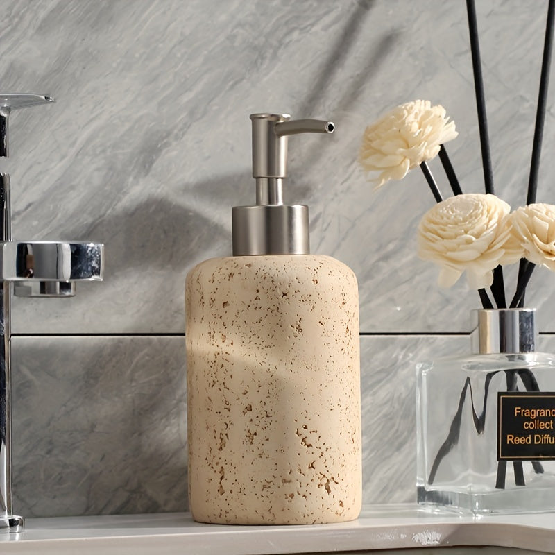 Resin soap dispenser with marble design and metal pump for bathroom organization